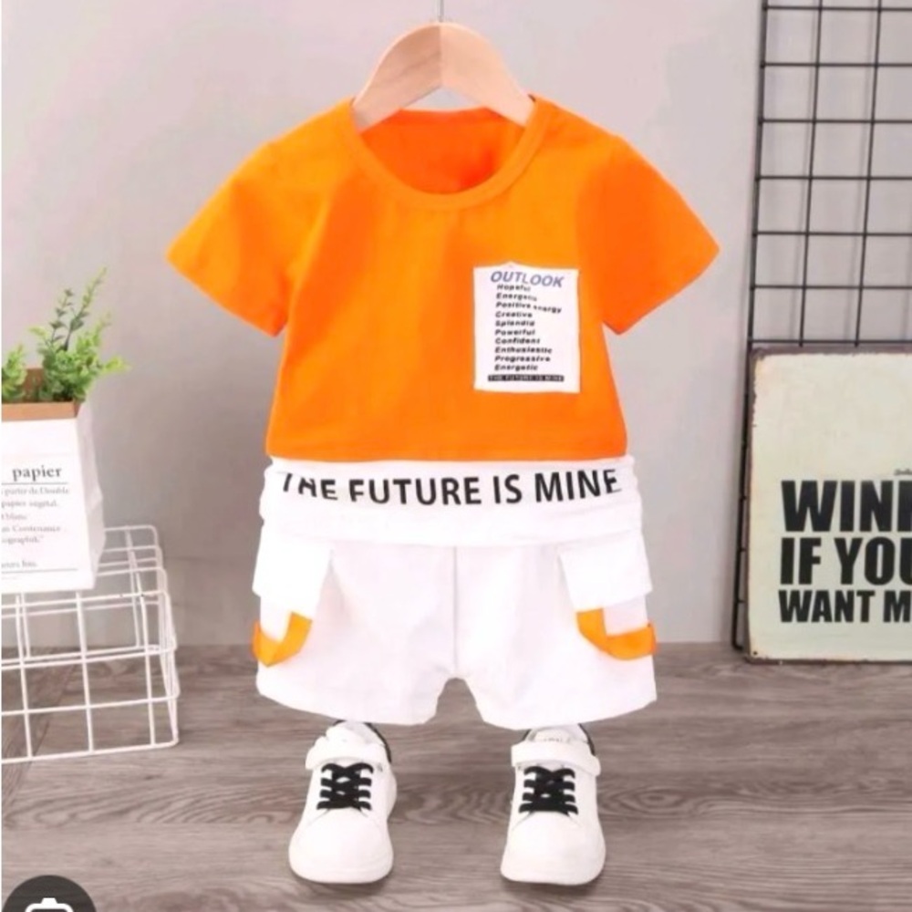 Patpat Boy Orange Short Sleeve Letter T-shirt and White Shorts Set, Size 18-24M